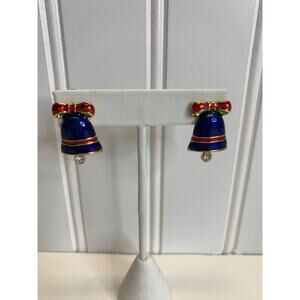 Blue Red Enamel Bell Earrings Red Bows 3/4"